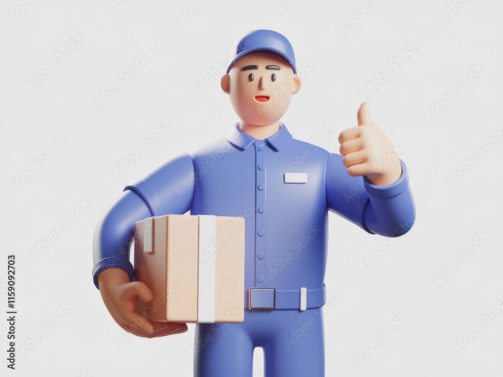 3D Delivery Worker Holding Package with Thumbs Up in Blue Uniform Against Light Background 3D Delivery Worker Holding Package with Thumbs Up in Blue Uniform Against Light Background