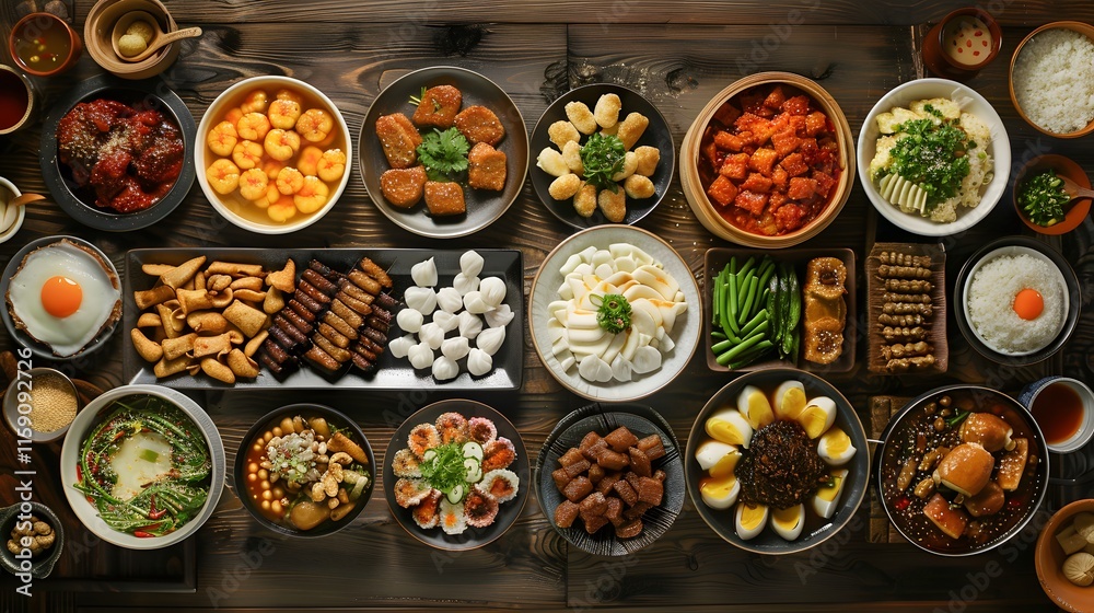 Exquisite Asian Cuisine Displayed on Wooden Table in Vibrant Colors Exquisite Asian Cuisine Displayed on Wooden Table in Vibrant Colors