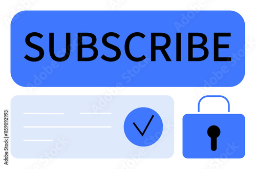 Bold Subscribe button, checkmark inside a circle, padlock icon ensuring security. Ideal for online subscriptions, newsletters, premium access, security, membership commitment user engagement. Line