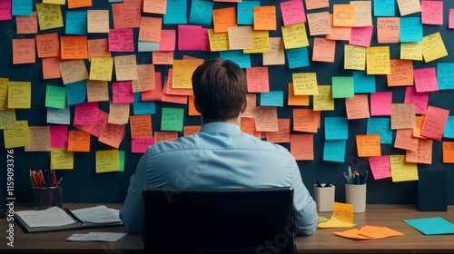 A desk filled with colorful adhesive sticky notes, each representing a task, illustrating a highly productive work environment with organized planning and clear goals