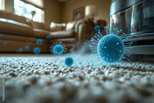 A graphic-style image of a steam cleaner and allergen symbols like dust mites and pet dander disappearing from a carpet, emphasizing allergy relief. photo