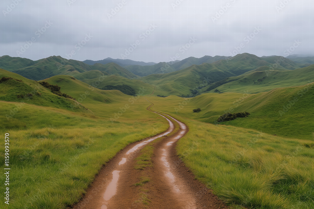 Winding dirt road through rolling green hills under a cloudy sky Winding dirt road through rolling green hills under a cloudy sky