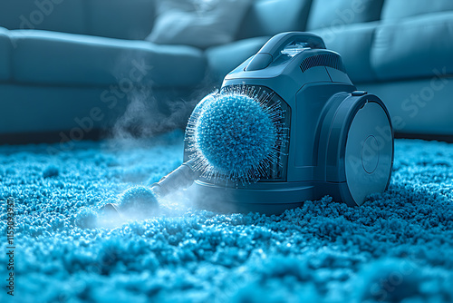  A graphic-style image of a steam cleaner and allergen symbols like dust mites and pet dander disappearing from a carpet, emphasizing allergy relief.