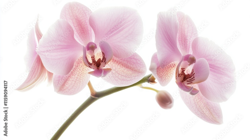A close-up of a delicate pink orchid with its intricate petals and soft pink hue, isolated white background, minimalistic art style A close-up of a delicate pink orchid with its intricate petals and soft pink hue, isolated white background, minimalistic art style