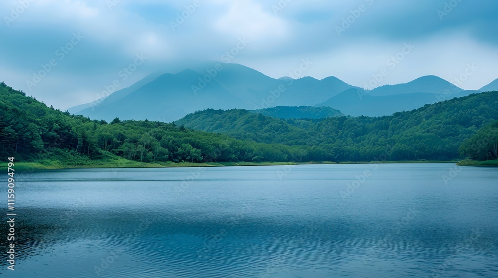 Serene Blue Lake Surrounded by Lush Green Mountains Under Cloudy Sky Serene Blue Lake Surrounded by Lush Green Mountains Under Cloudy Sky
