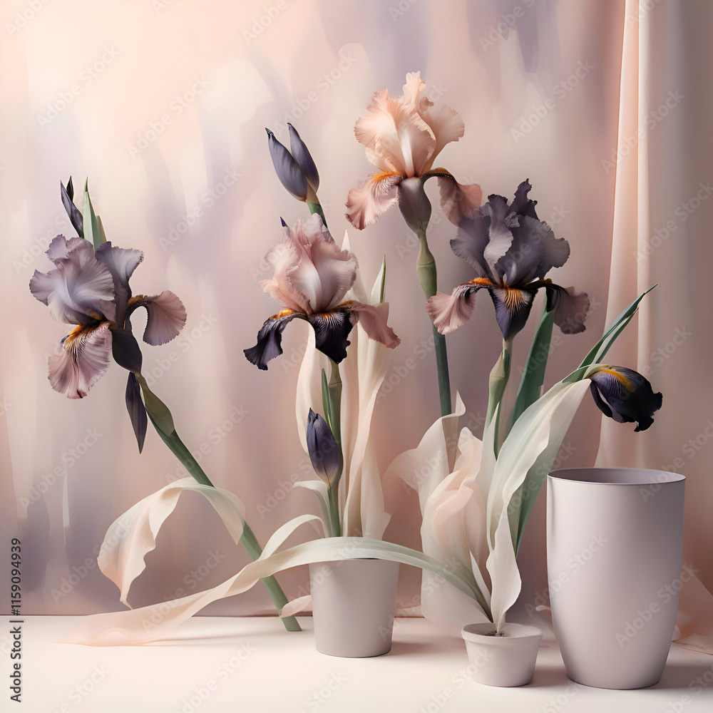 stunning fineart background with pale black-dust pink irises and design elements. 3D render digital artwork. Ai generated