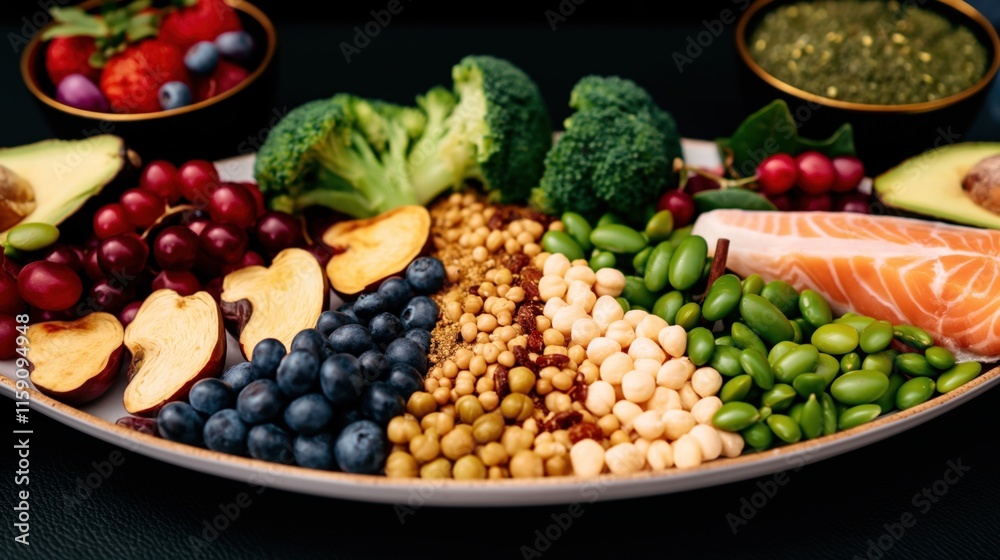 A vibrant assortment of fresh fruits, vegetables, and grains showcases the essence of National Nutrition Month A vibrant assortment of fresh fruits, vegetables, and grains showcases the essence of National Nutrition Month