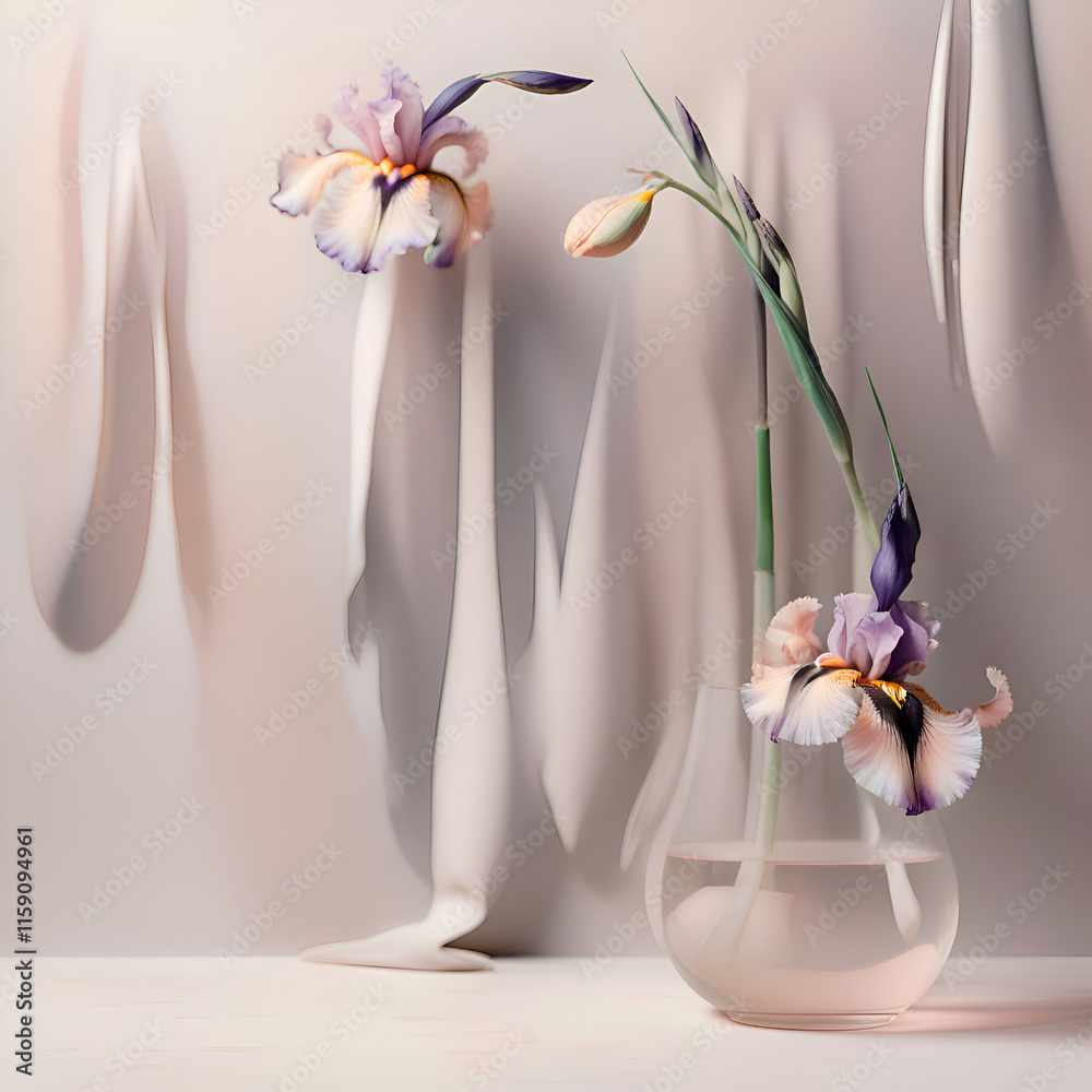 stunning fineart background with pale dust pink irises and design elements. 3D render digital artwork. Ai generated