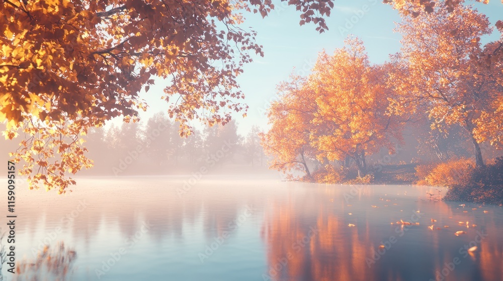 Misty autumn lake reflecting golden trees at sunrise. Misty autumn lake reflecting golden trees at sunrise.