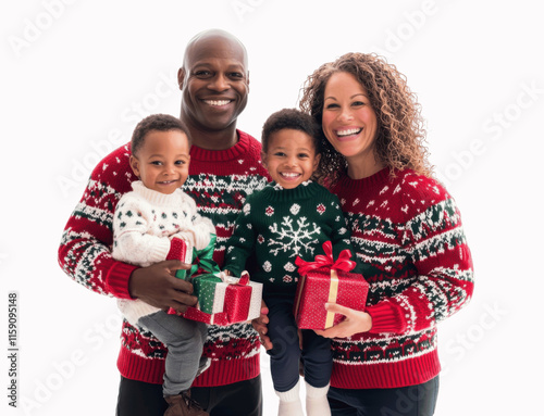 A family of four dressed in holiday sweaters, smiling and holding presents, isolated on a white background, centered for a warm holiday feel photo