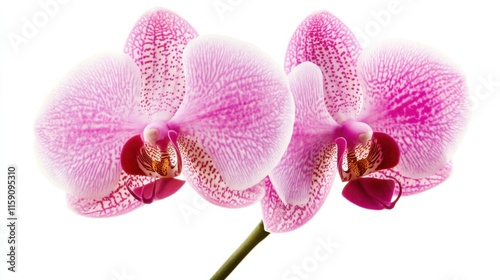 A close-up of a pink orchid with its delicate petals and detailed patterns, isolated white background, minimalistic art style