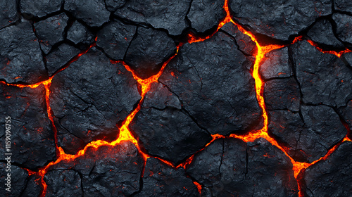 A close-up view of dark, cracked volcanic rock with glowing orange lava seeping through the fissures, showcasing the natural beauty and power of geothermal activity.