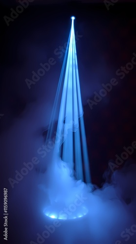 A single colorful blue light shining through the smoke, forming a circle on the dark stage floor. Club, Party, Event, Music Concept. Vertical for standing background.