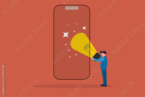 Businessman putting an idea lightbulb in a mobile phone