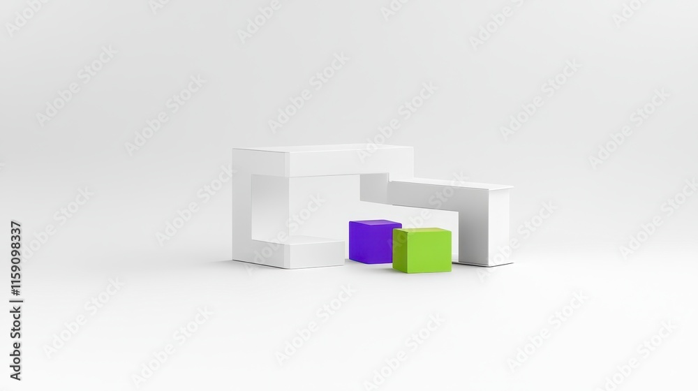 A minimalist design featuring three geometric shapes: a white structure and two colored cubes in purple and green. A minimalist design featuring three geometric shapes: a white structure and two colored cubes in purple and green.