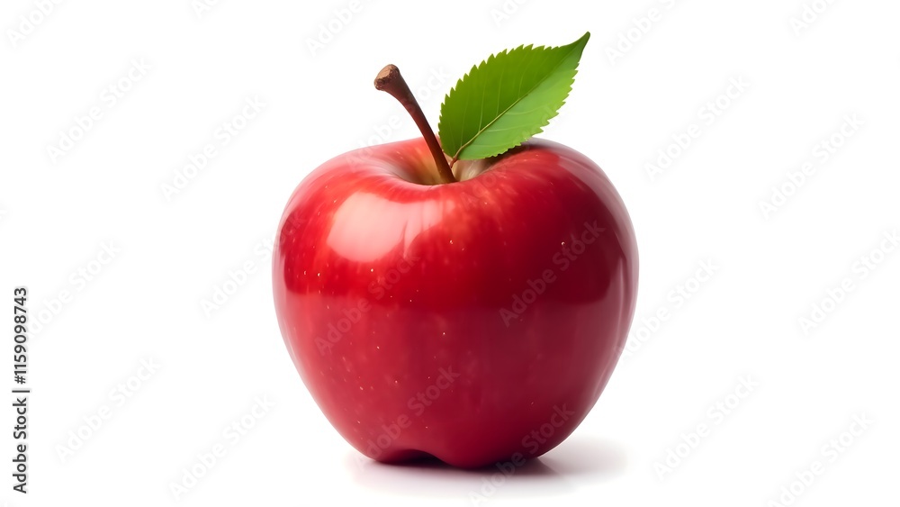 Red Apple Single Fresh Fruit Green Leaf White Background Red Apple Single Fresh Fruit Green Leaf White Background