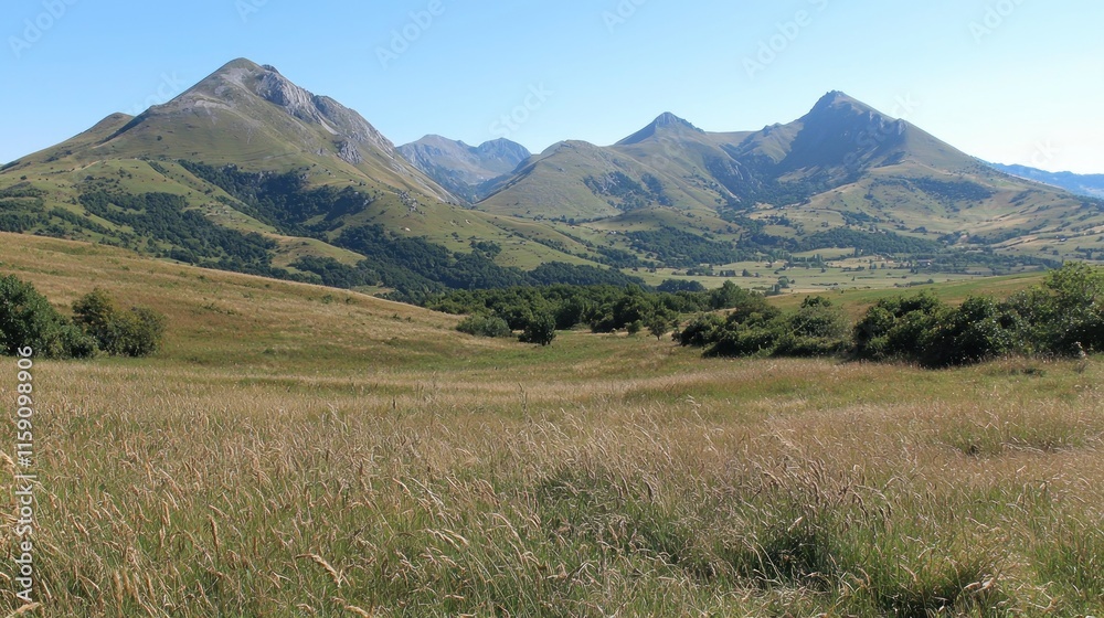 Scenic view of rolling mountains and grassy fields under a clear sky. Scenic view of rolling mountains and grassy fields under a clear sky.