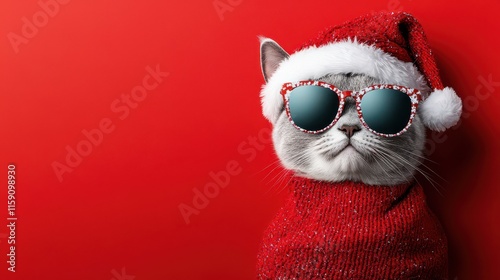 Festive Cat in Sunglasses and Santa Hat