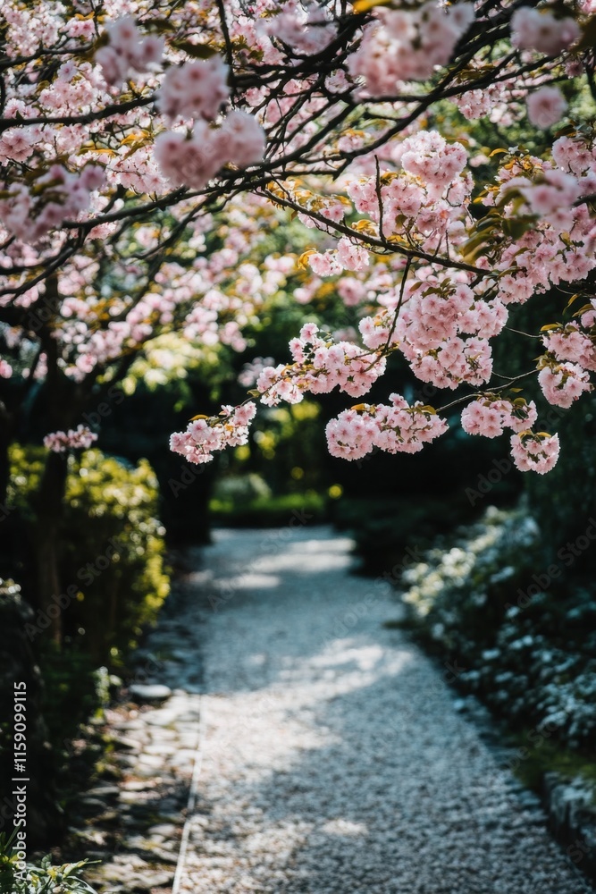 Blossoms cascade over a serene pathway in a vibrant spring garden Blossoms cascade over a serene pathway in a vibrant spring garden
