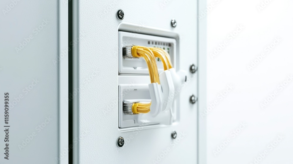 A close-up of network cables connected to a wall-mounted panel, showcasing a clean, modern design in a bright environment. A close-up of network cables connected to a wall-mounted panel, showcasing a clean, modern design in a bright environment.