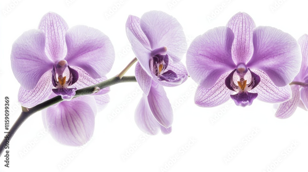 Obraz premium A close-up of delicate violet orchid blooms with their intricate patterns and soft petals, isolated white background, minimalist art style