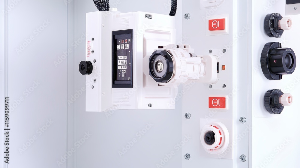 A compact, high-tech device mounted on a wall, featuring a digital interface and various controls, likely used for monitoring or control purposes. A compact, high-tech device mounted on a wall, featuring a digital interface and various controls, likely used for monitoring or control purposes.