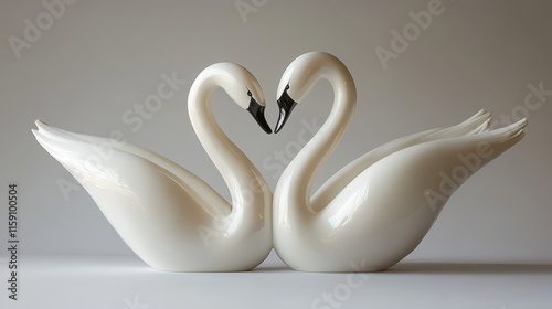 Elegant Pair of White Ceramic Swans in Heart Shape Against a Soft Gray Background photo