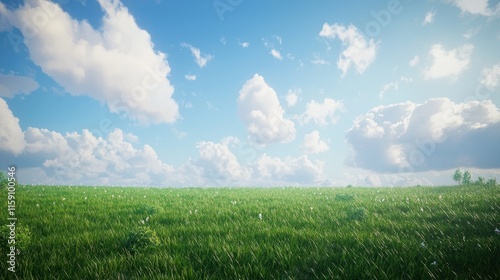 Sunny day, green field, fluffy clouds.