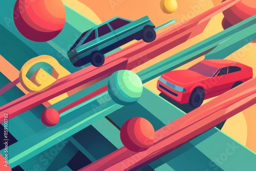 Colorful animation depicting principles of Newton's laws of motion with dynamic objects in motion