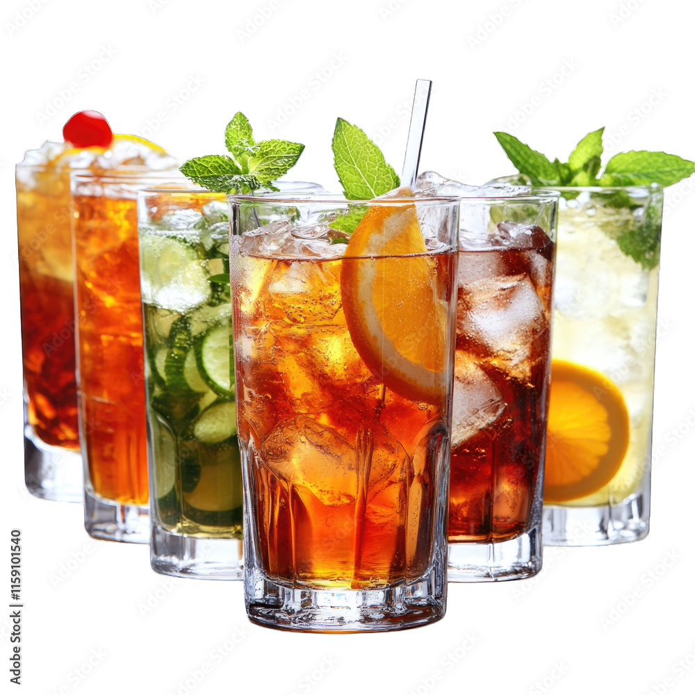 Refreshing summer drinks assortment with ice and garnishes isolated on transparent background PNG Refreshing summer drinks assortment with ice and garnishes isolated on transparent background PNG
