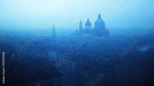Misty morning cityscape with a prominent dome-shaped building.