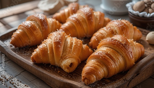 Freshly Baked Croissants on a Wooden Tray photo