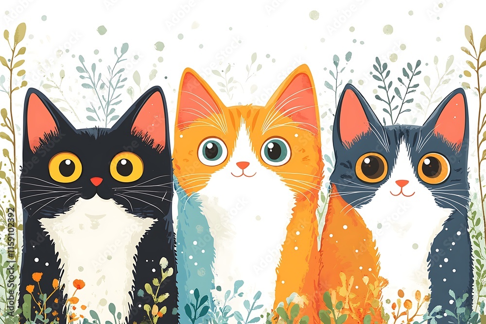Obraz premium Three adorable cats peeking through foliage in a whimsical floral setting.