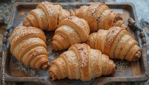 Freshly Baked Croissants on a Wooden Tray photo