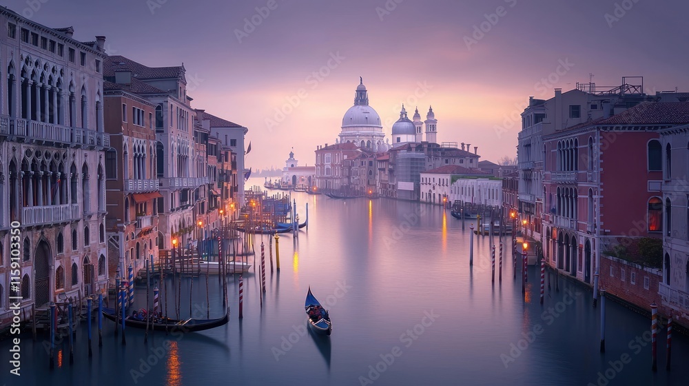 Naklejka premium Serene Venetian canal at dawn, gondolas, buildings, and church.