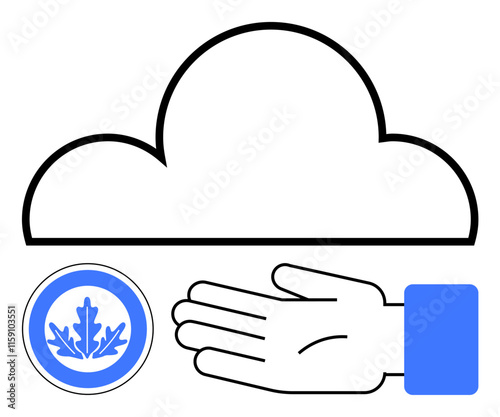 Cloud, human hand, blue badge with leaf design. Ideal for environmental issues, cloud services, support, conservation, nature ecology caretaking. Line metaphor