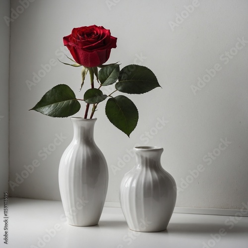 A fresh red rose resting against a white ceramic vase on a blank white surface.