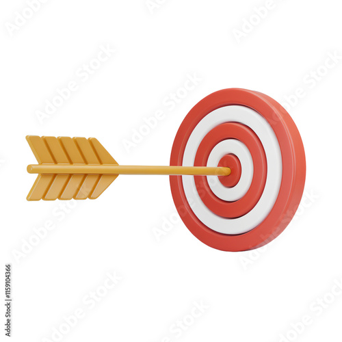 A 3D render of a minimalist style cartoon with a yellow arrow and a red target. The arrow is pointing at the red target. The arrow and target are isolated on a transparent background.
