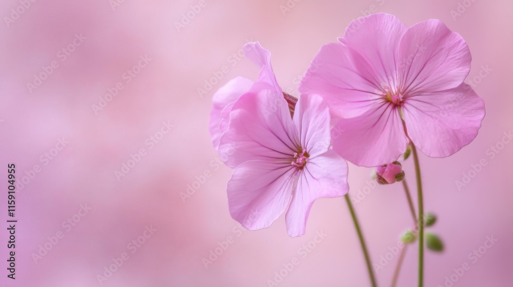 Obraz premium A delicate pink geranium against a soft lavender background, close-up shot, Minimalist style