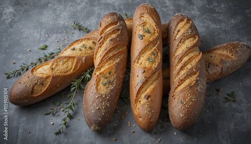 Four baguettes resting elegantly on a grey surface, adorned with fresh herbs, showcasing the perfect artisanal bake. Suitable for culinary and bakery promotions.