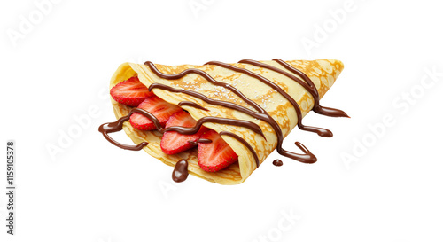 Crepes stuffed with chocolate spread and strawberries on isolated on a transparent background. Thin pancakes Sweet dessert.