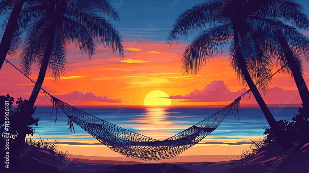 Scenic hammock hanging between palm trees on a tropical beach at sunset, relaxing coastal view with vibrant sky and ocean waves