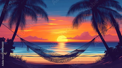Obraz na płótnie Scenic hammock hanging between palm trees on a tropical beach at sunset, relaxing coastal view with vibrant sky and ocean waves w salonie
