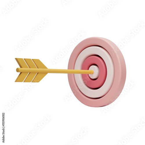 A 3D render of a minimalist style cartoon. There is a yellow arrow pointing towards a pink target. The arrow and target are isolated on a transparent background. The arrow has a simplistic design
