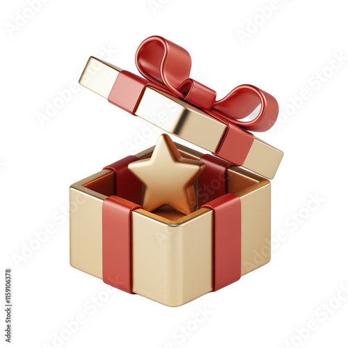 A 3D render of a minimalist style cartoon of an open gift box with a red ribbon. The gift box is on a transparent background. The gift box contains a golden star