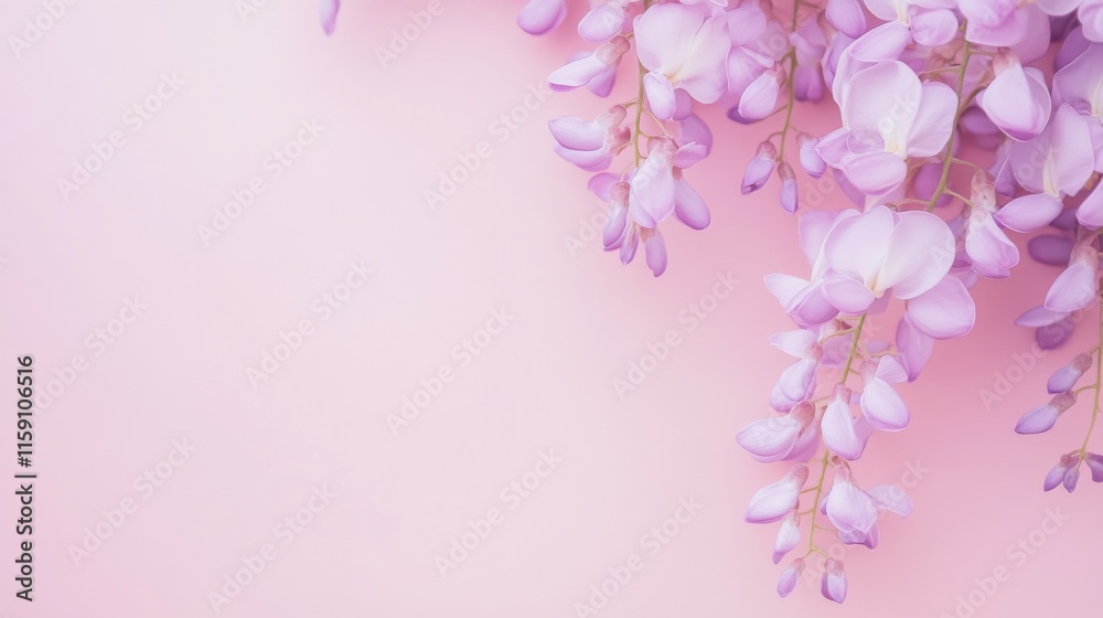 A delicate purple wisteria against a soft pink background, close-up shot, Minimalist style A delicate purple wisteria against a soft pink background, close-up shot, Minimalist style