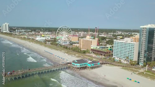 Aerial flyover of tourist area of Myrtle Beach, South Carolina and beaches.