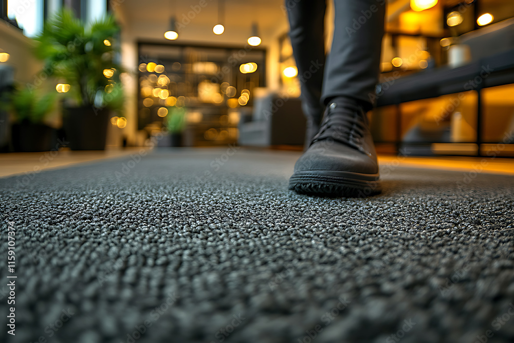 Fototapeta premium A professional cleaner using a modern steam cleaning machine on a gray carpet in a stylish home, showcasing expertise and efficiency