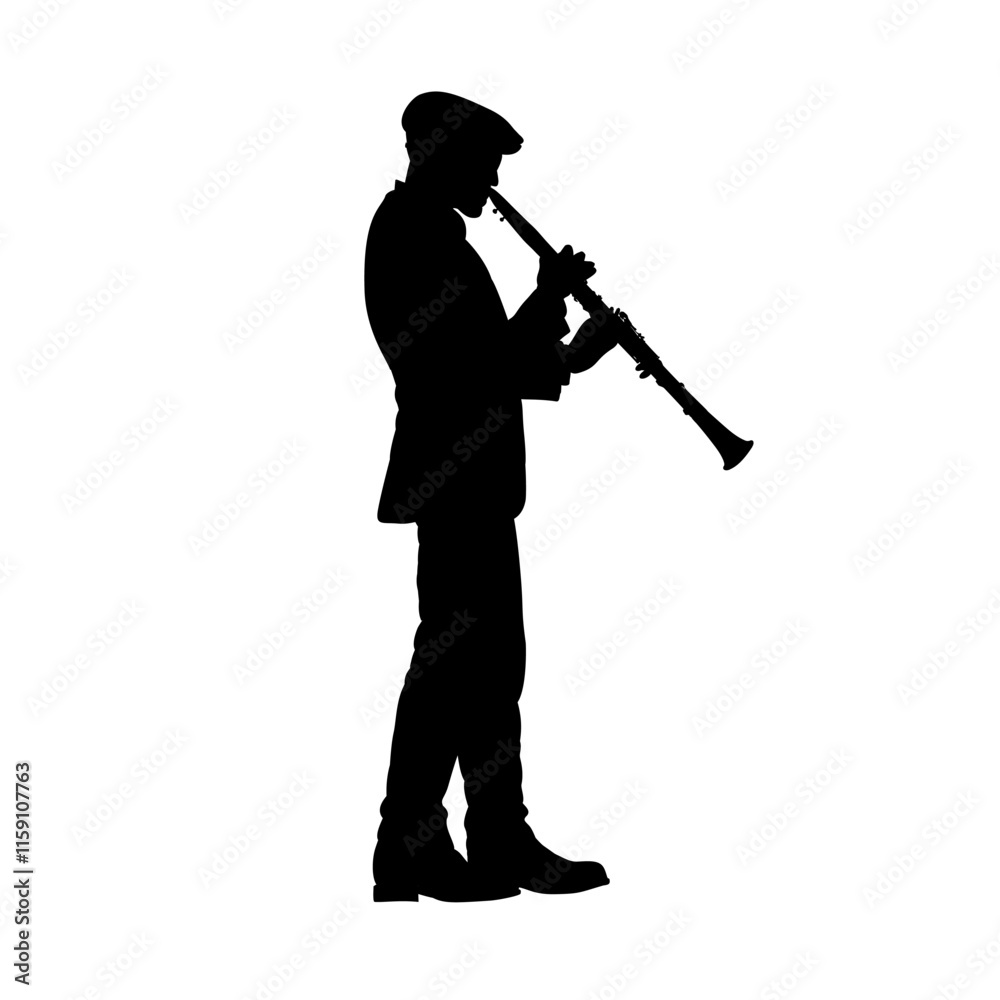 silhouette of man playing clarinet, clarinetist - vector illustration