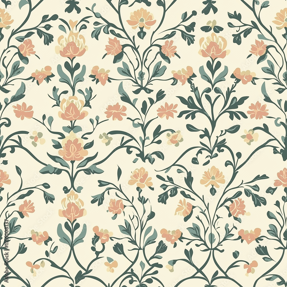 Floral pattern featuring delicate peach and green motifs on a cream background, ideal for textiles or wallpaper design. Floral pattern featuring delicate peach and green motifs on a cream background, ideal for textiles or wallpaper design.